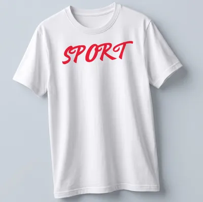 Bold red t-shirt with 'SPORT SPORT SPORT' in a dynamic script font