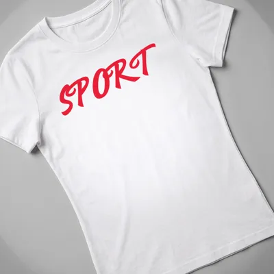 Bold red t-shirt with 'SPORT SPORT SPORT' in a dynamic script font — printed on a women's shirt