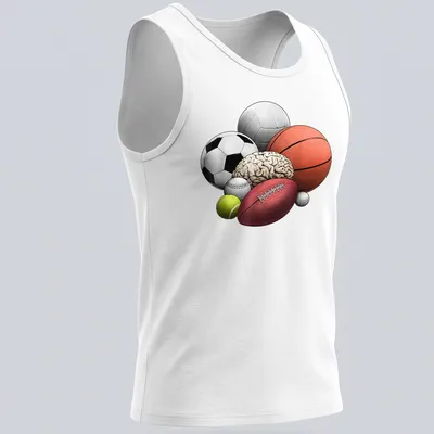 Illustration of sports balls and a brain in vibrant colors celebrating sports and intellect — printed on a tank top