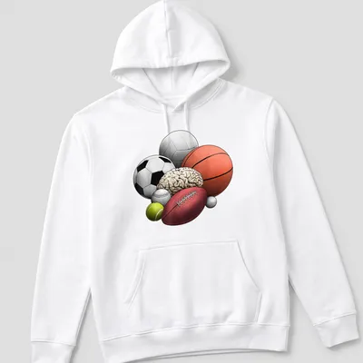 Illustration of sports balls and a brain in vibrant colors celebrating sports and intellect — printed on a unisex hoodie
