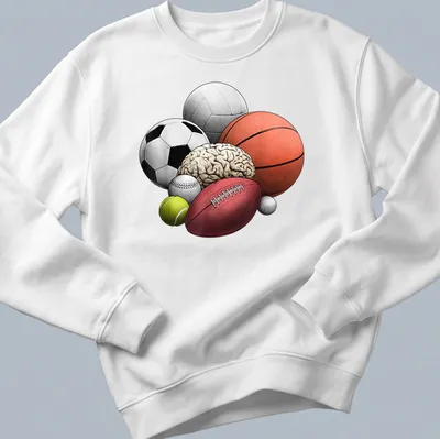 Illustration of sports balls and a brain in vibrant colors celebrating sports and intellect — printed on a unisex sweatshirt