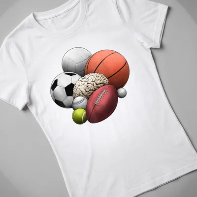 Illustration of sports balls and a brain in vibrant colors celebrating sports and intellect — printed on a women's shirt
