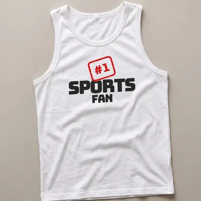 Bold graphic t-shirt with #1 SPORTS FAN text in red, black, and white — printed on a tank top