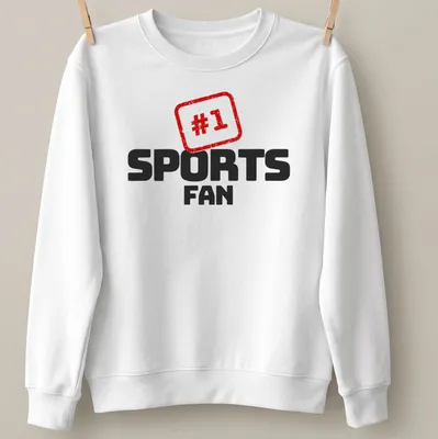 Bold graphic t-shirt with #1 SPORTS FAN text in red, black, and white — printed on a unisex sweatshirt