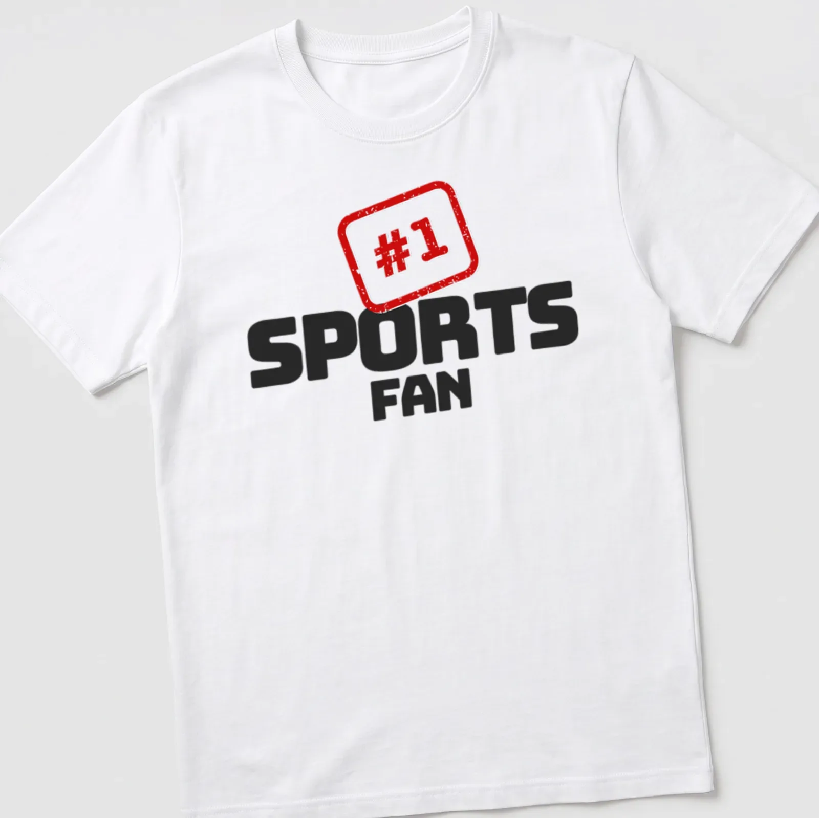 Bold graphic t-shirt with #1 SPORTS FAN text in red, black, and white — printed on a unisex t-shirt