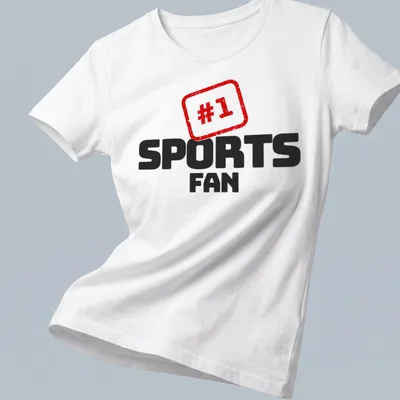 Bold graphic t-shirt with #1 SPORTS FAN text in red, black, and white — printed on a women's shirt