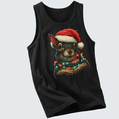 Illustration of a squirrel in a Santa hat with Christmas lights — printed on a tank top