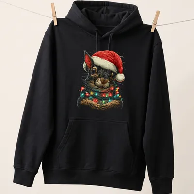 Illustration of a squirrel in a Santa hat with Christmas lights — printed on a unisex hoodie