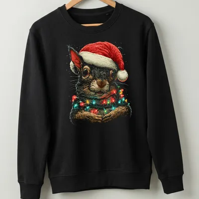 Illustration of a squirrel in a Santa hat with Christmas lights — printed on a unisex sweatshirt