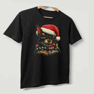 Illustration of a squirrel in a Santa hat with Christmas lights — printed on a unisex t-shirt (angled view)