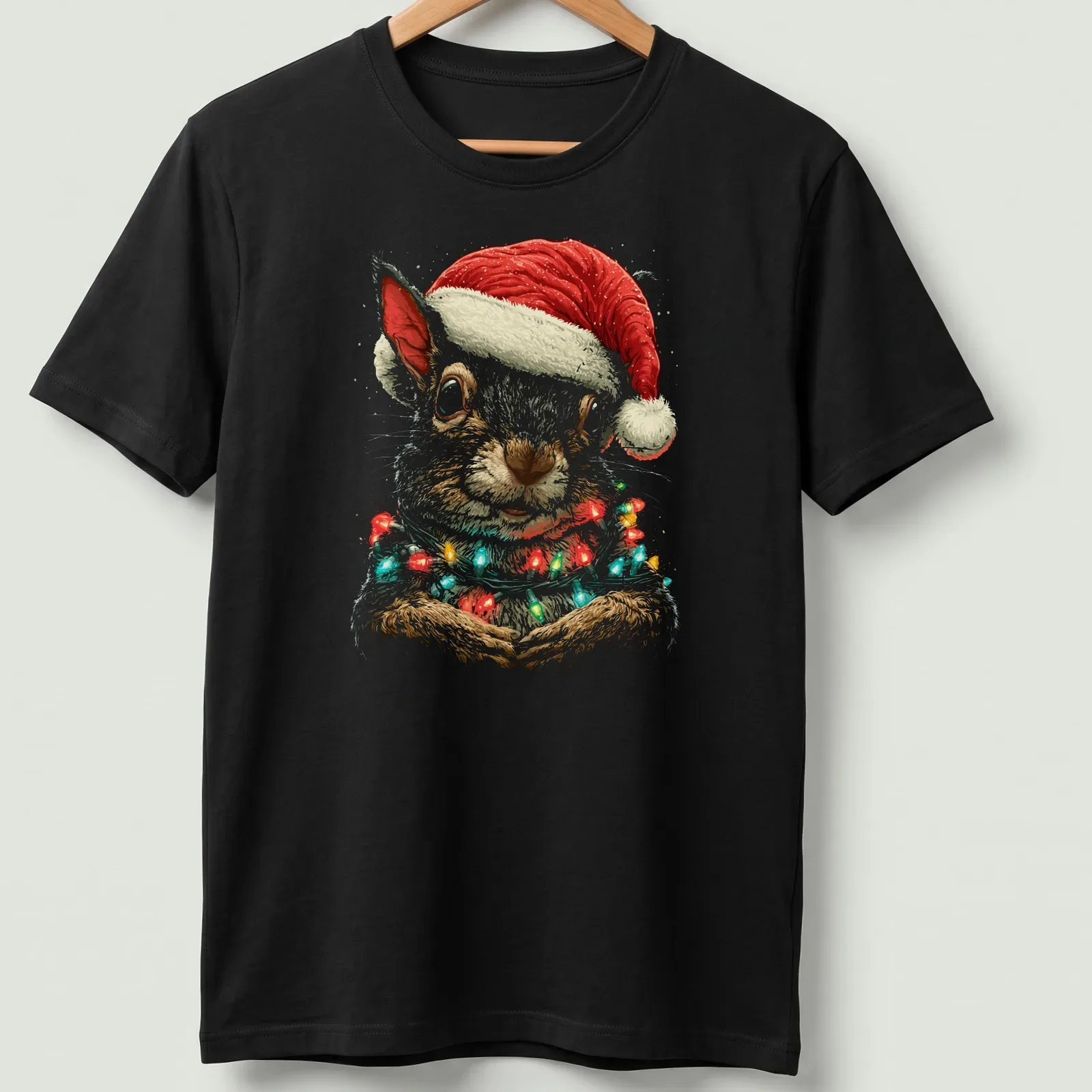 Illustration of a squirrel in a Santa hat with Christmas lights — printed on a unisex t-shirt