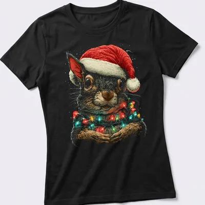 Illustration of a squirrel in a Santa hat with Christmas lights — printed on a women's shirt