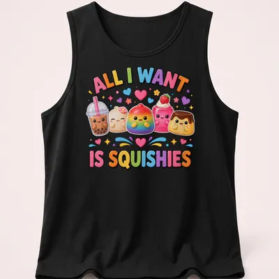 Kawaii T-shirt with colorful squishy desserts and text 'All I Want Is Squishies' — printed on a tank top