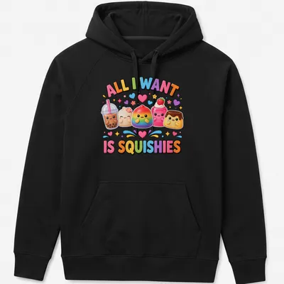 Kawaii T-shirt with colorful squishy desserts and text 'All I Want Is Squishies' — printed on a unisex hoodie
