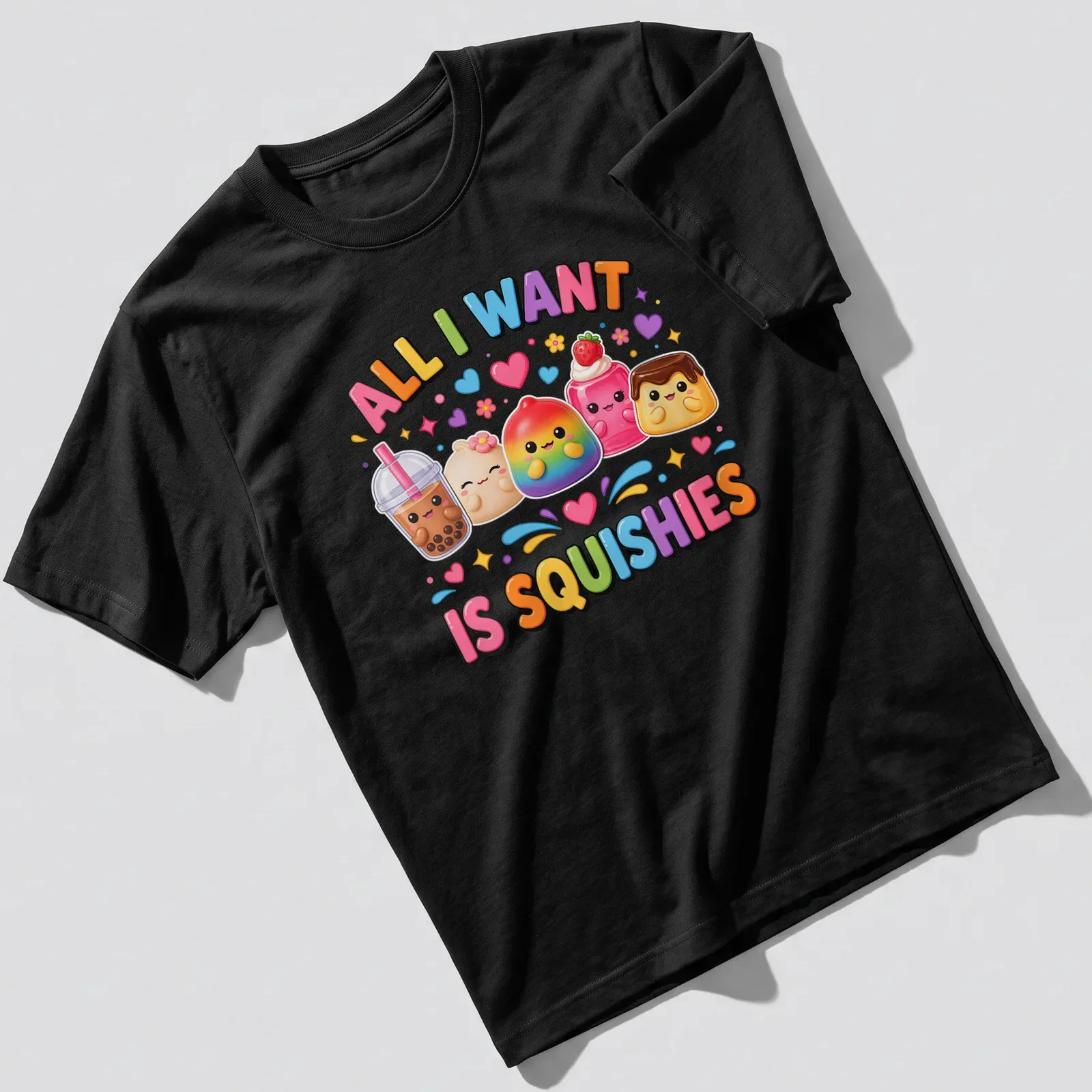 Kawaii T-shirt with colorful squishy desserts and text 'All I Want Is Squishies' — printed on a unisex t-shirt