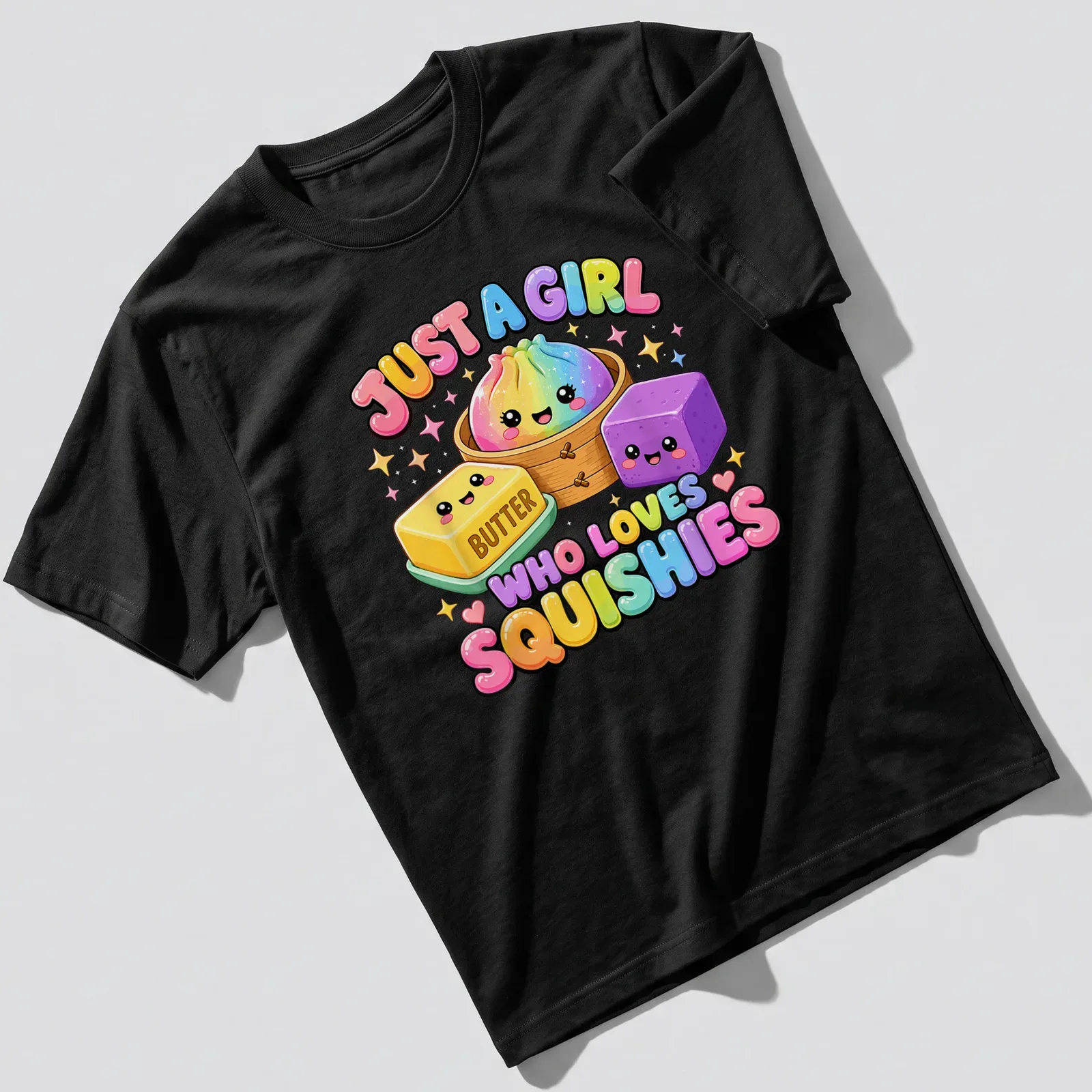 Kawaii design with the text just a girl who loves squishies and cute pastel squishy toys — printed on a unisex t-shirt