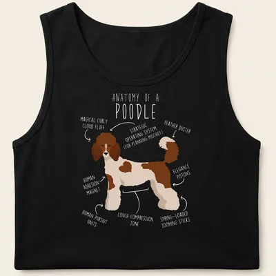 Illustrative anatomy graphic of a Standard Poodle in brown and white — printed on a tank top
