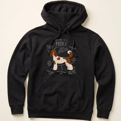Illustrative anatomy graphic of a Standard Poodle in brown and white — printed on a unisex hoodie