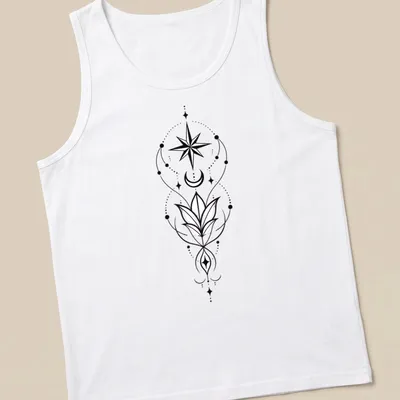 Elegant line-art T-shirt featuring Arwen's Evenstar with star and moon floral design — printed on a tank top
