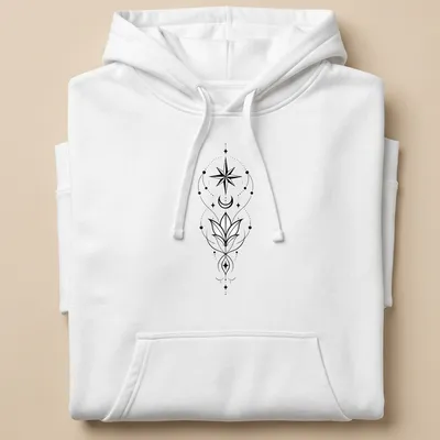 Elegant line-art T-shirt featuring Arwen's Evenstar with star and moon floral design — printed on a unisex hoodie