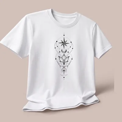 Elegant line-art T-shirt featuring Arwen's Evenstar with star and moon floral design — printed on a unisex t-shirt (angled view)