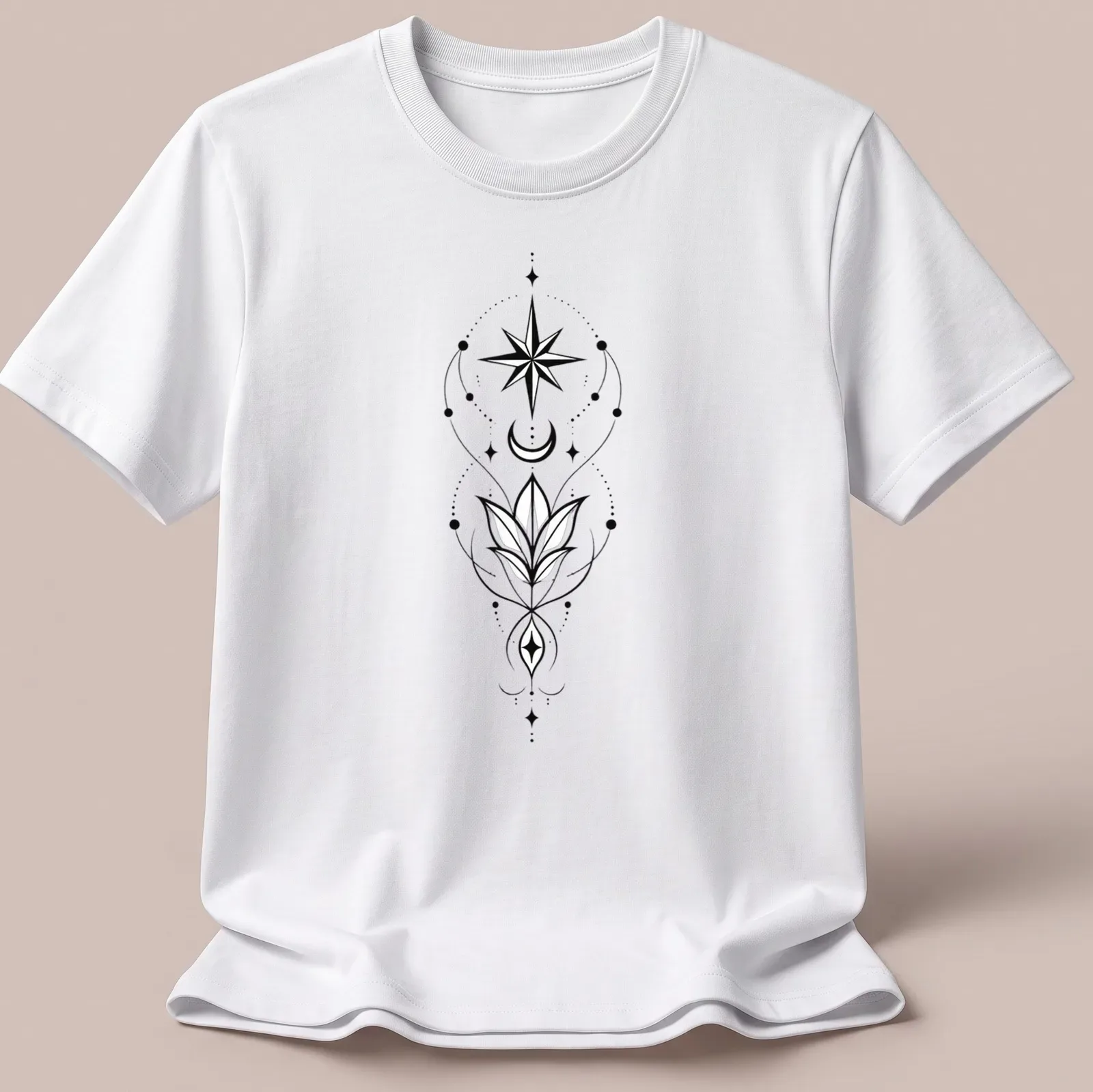 Elegant line-art T-shirt featuring Arwen's Evenstar with star and moon floral design — printed on a unisex t-shirt