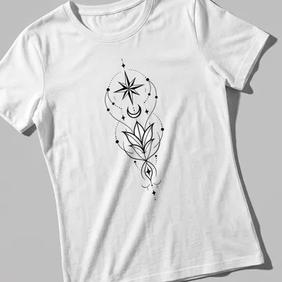 Elegant line-art T-shirt featuring Arwen's Evenstar with star and moon floral design — printed on a women's shirt