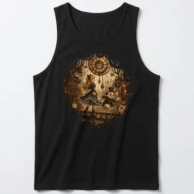Steampunk illustration of Alice and the White Rabbit with whimsical text — printed on a tank top