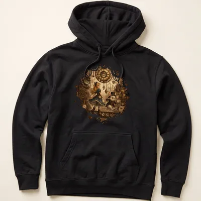 Steampunk illustration of Alice and the White Rabbit with whimsical text — printed on a unisex hoodie