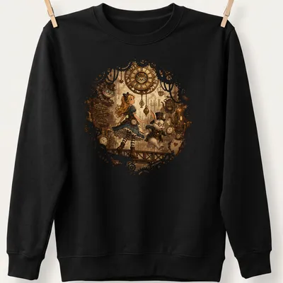 Steampunk illustration of Alice and the White Rabbit with whimsical text — printed on a unisex sweatshirt