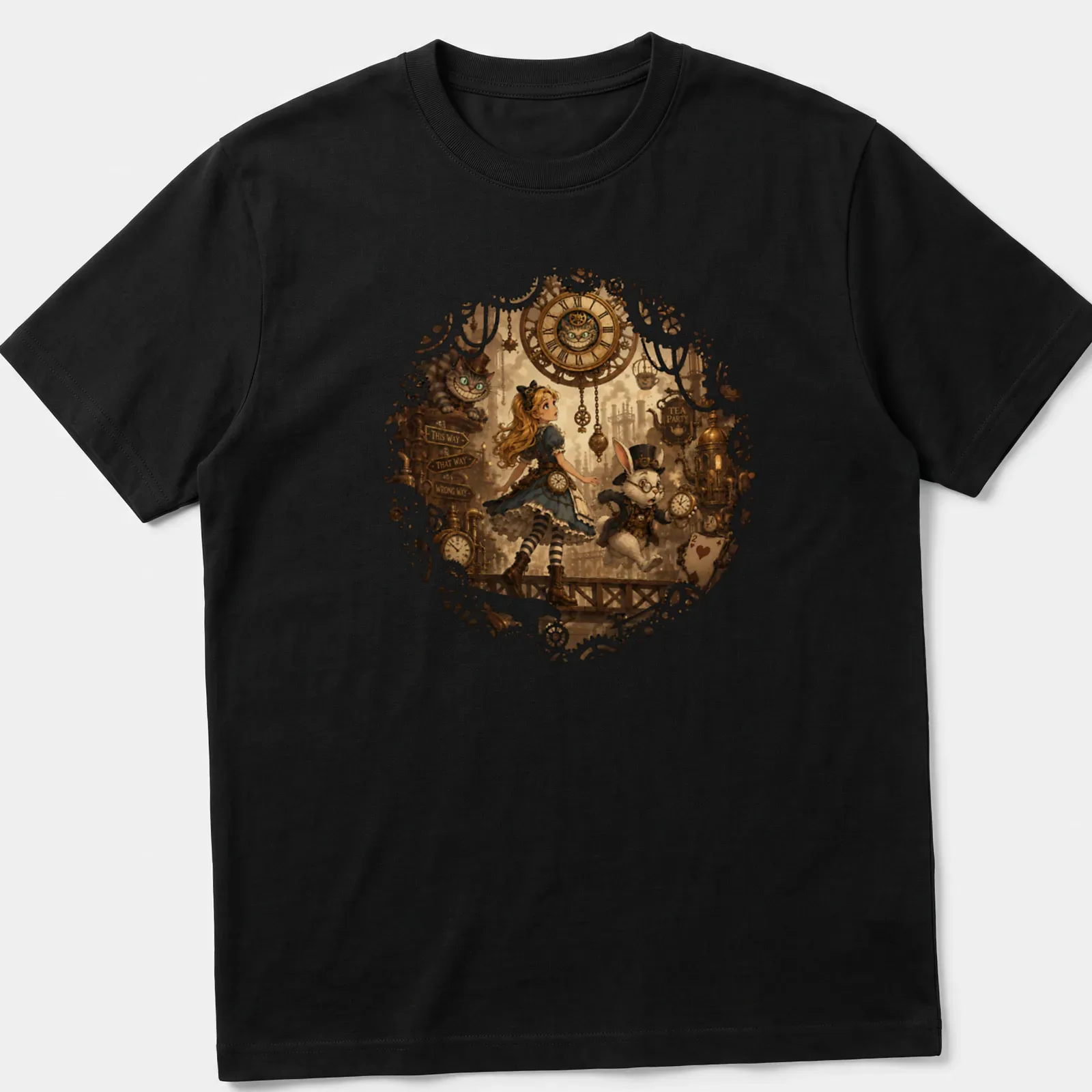 Steampunk illustration of Alice and the White Rabbit with whimsical text — printed on a unisex t-shirt