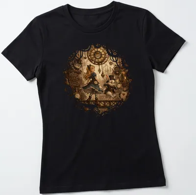 Steampunk illustration of Alice and the White Rabbit with whimsical text — printed on a women's shirt