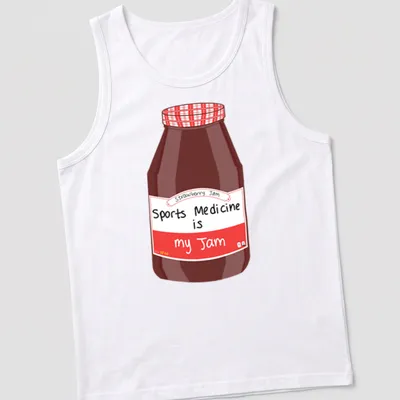 Cartoon illustration of a strawberry jam jar with the text Sports Medicine is my Jam — printed on a tank top