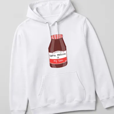 Cartoon illustration of a strawberry jam jar with the text Sports Medicine is my Jam — printed on a unisex hoodie