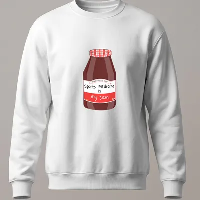 Cartoon illustration of a strawberry jam jar with the text Sports Medicine is my Jam — printed on a unisex sweatshirt