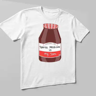 Cartoon illustration of a strawberry jam jar with the text Sports Medicine is my Jam — printed on a unisex t-shirt (angled view)