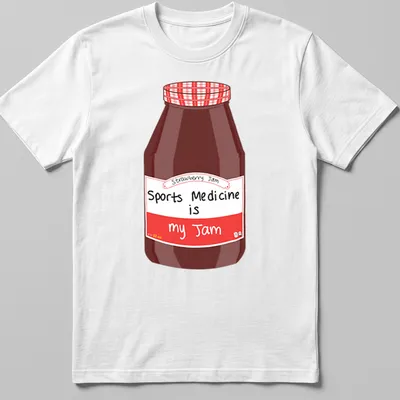 Cartoon illustration of a strawberry jam jar with the text Sports Medicine is my Jam