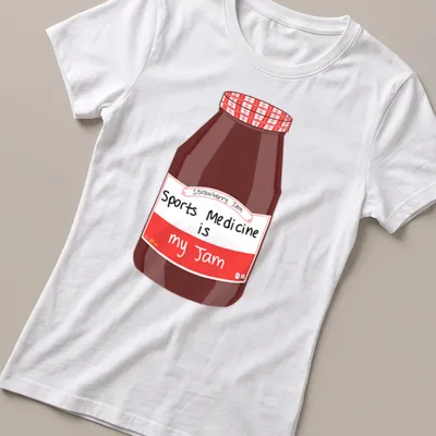 Cartoon illustration of a strawberry jam jar with the text Sports Medicine is my Jam — printed on a women's shirt