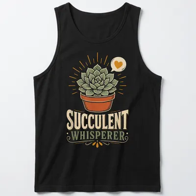 Vintage style t-shirt with succulent plant illustration and text 'Succulent Whisperer' — printed on a tank top
