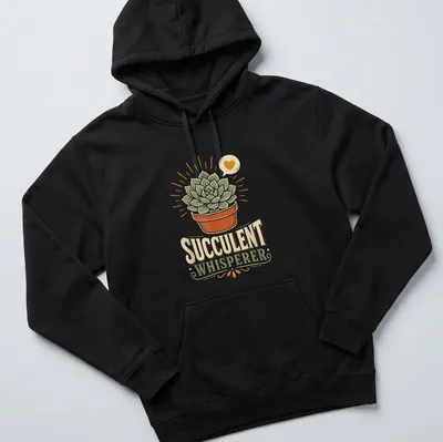 Vintage style t-shirt with succulent plant illustration and text 'Succulent Whisperer' — printed on a unisex hoodie