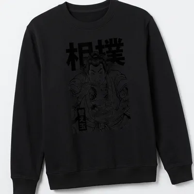 Sumo wrestler enjoying ramen noodles in Japanese tattoo art style — printed on a unisex sweatshirt