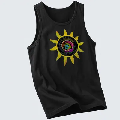 Abstract sunflower and colorful rose graphic with prismatic sun design — printed on a tank top