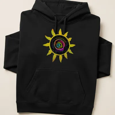 Abstract sunflower and colorful rose graphic with prismatic sun design — printed on a unisex hoodie