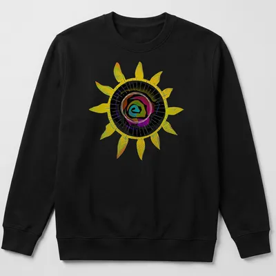 Abstract sunflower and colorful rose graphic with prismatic sun design — printed on a unisex sweatshirt