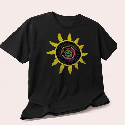 Abstract sunflower and colorful rose graphic with prismatic sun design — printed on a unisex t-shirt (angled view)