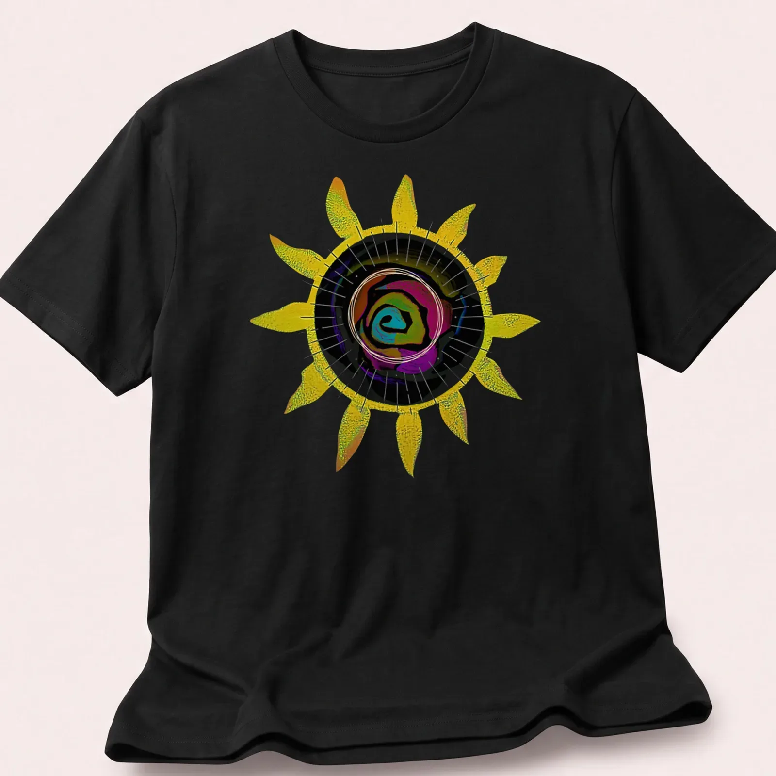 Abstract sunflower and colorful rose graphic with prismatic sun design — printed on a unisex t-shirt
