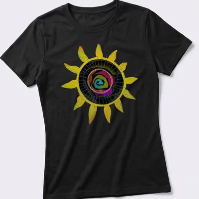 Abstract sunflower and colorful rose graphic with prismatic sun design — printed on a women's shirt