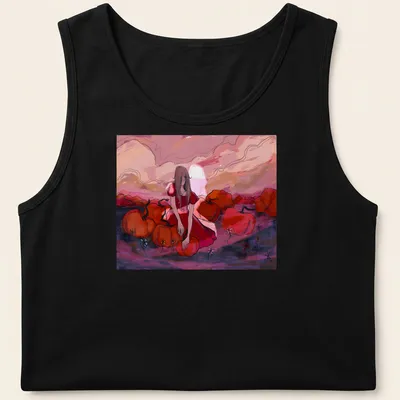 Surreal illustration of a girl in a red dress surrounded by pumpkins in a colorful field — printed on a tank top