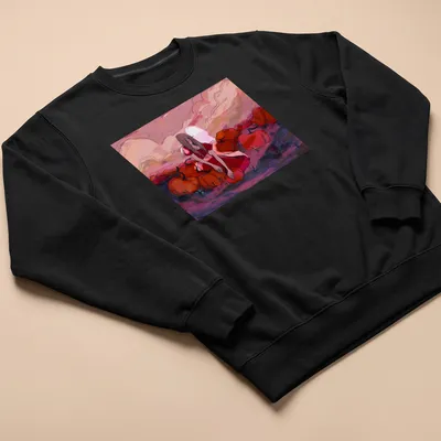Surreal illustration of a girl in a red dress surrounded by pumpkins in a colorful field — printed on a unisex sweatshirt