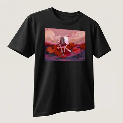 Surreal illustration of a girl in a red dress surrounded by pumpkins in a colorful field — printed on a unisex t-shirt (angled view)